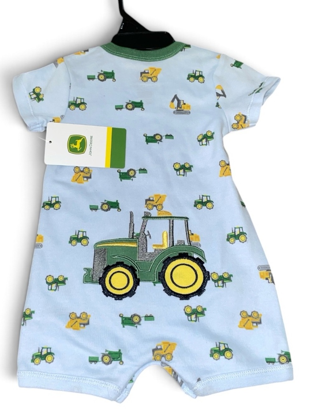 John Deere Light Blue Short Sleeve Tractor Print Romper with Green Pocket